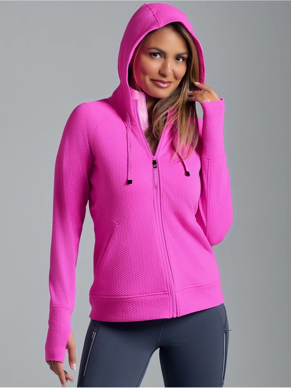 IBKUL Women’s Pink Hooded Popcorn Stitch Hoodie Long-Sleeve Zip M